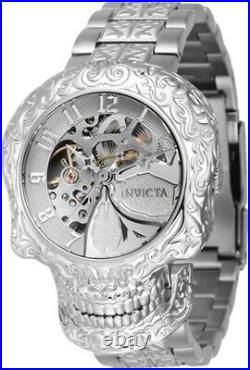 Invicta 50mm Artist Collection SKULL Automatic Skeleton Dial ALL SILVER SS Watch