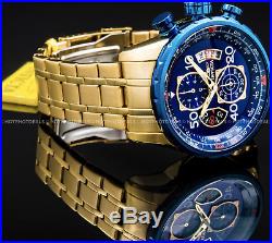 Invicta Mens Aviator Chronograph 18K Gold Plated Blue Dial Stainless Tachy Watch