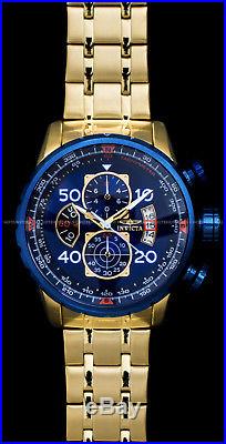 Invicta Mens Aviator Chronograph 18K Gold Plated Blue Dial Stainless Tachy Watch