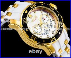 Invicta Mens PRO DIVER SCUBA Chronograph 18Kt Gold Silver Dial White Strap Watch