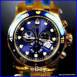 Mens Invicta Pro Diver Scuba Blue 18kt Gold Plated Steel Chronograph Watch New