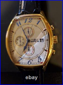 Rare Mens Speciality Edition Invicta 18k Gold Plated Watch Chronograph Leather