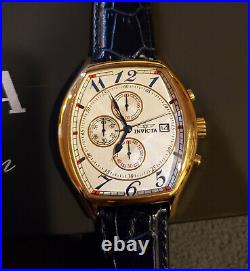 Rare Mens Speciality Edition Invicta 18k Gold Plated Watch Chronograph Leather